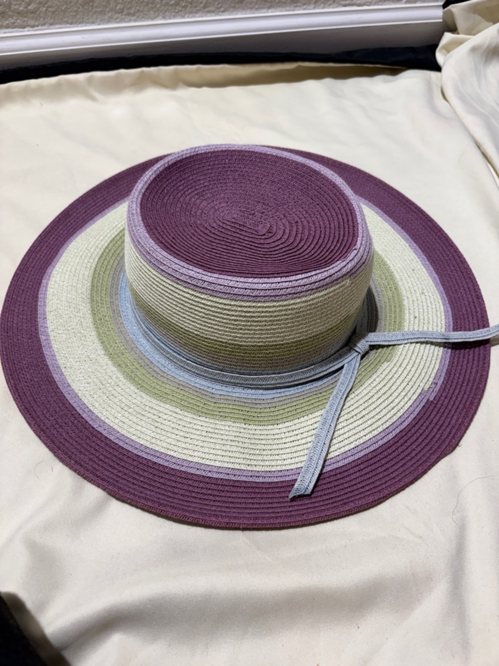 Striped Wide-Brim Sun Hat in Purple and Cream with Dragonfly Accent - Picture 2 of 3